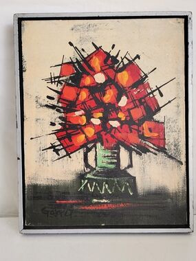 Mid Century 1970s Abstract Oil on Canvas Painting Garret Vase of Flowers